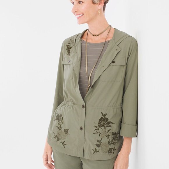 NWT Chico's Zenergy 1 M Sage Green Neema Embroidered Utility Hooded Jacket - Picture 1 of 7